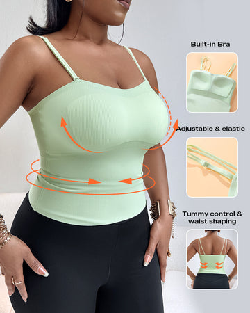 Spaghetti Strap Built in Bra Slim Fit Tank Top Sexy Back Criss Cross Workout Camisole Tops